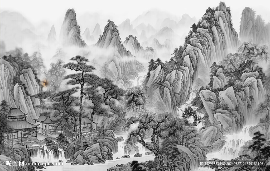 原创新中式水墨山水壁画