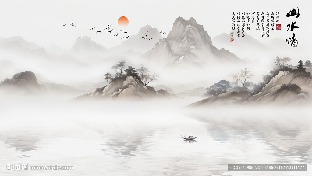 新中式沙发背景墙山水画