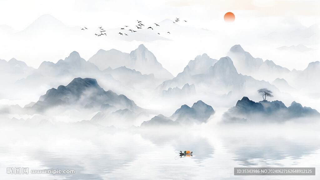 简约禅意新中式水墨山水客厅背景
