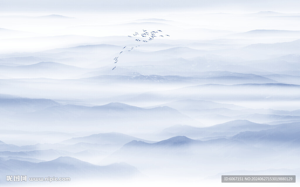 蓝色水墨山水画背景墙