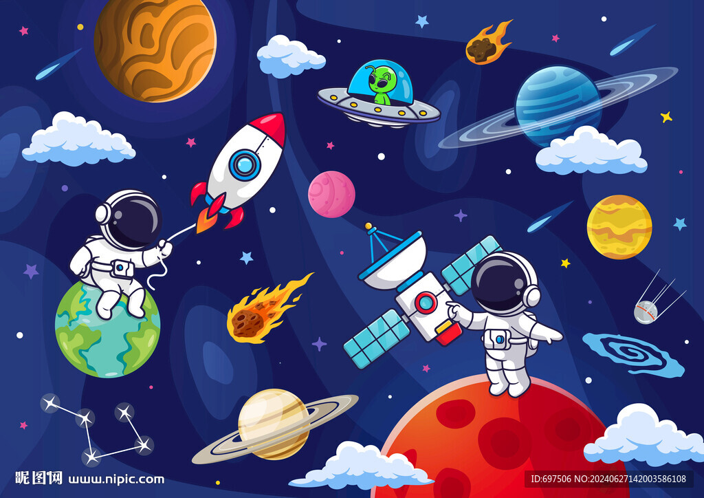 卡通宇宙星球宇航员太空飞碟背景