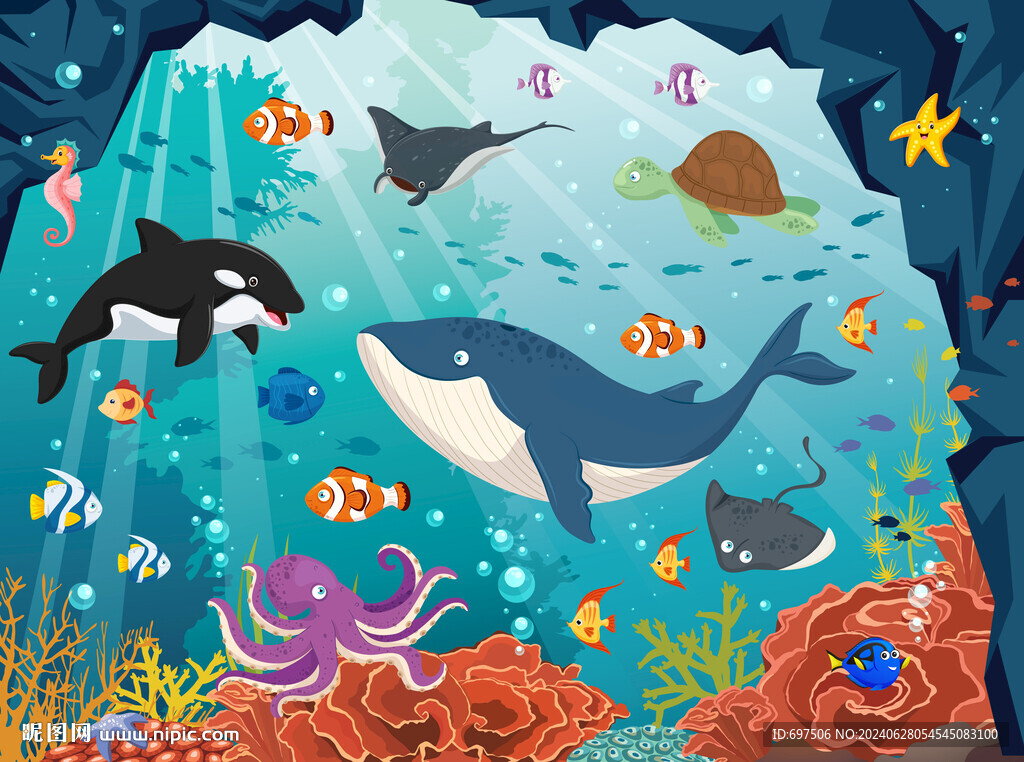 卡通海底洞穴海洋鲸鱼珊瑚背景墙