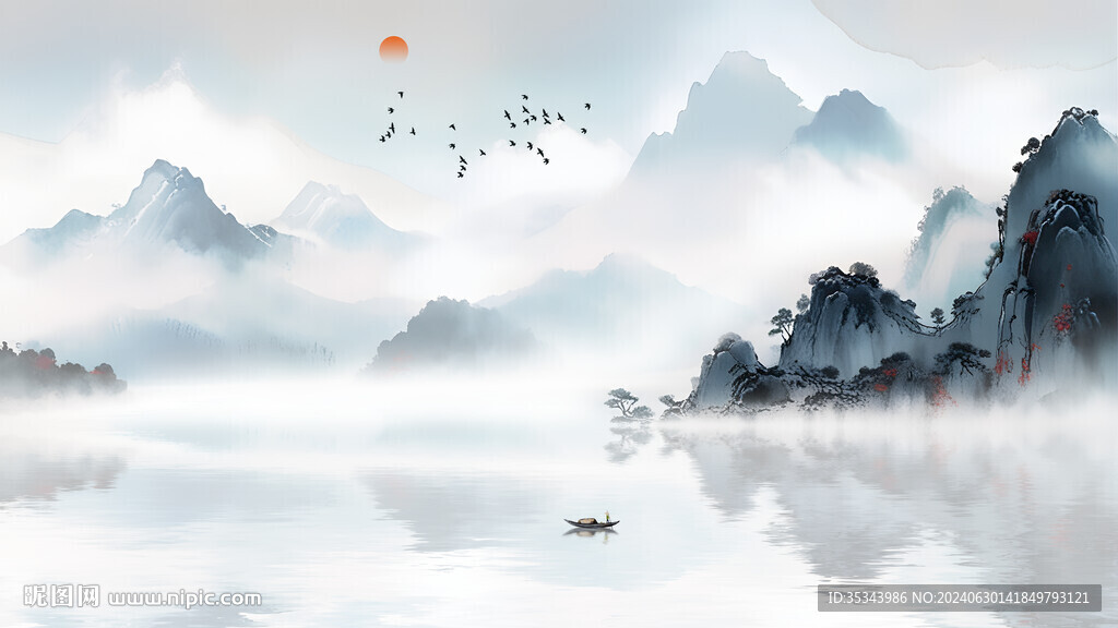 新中式意境水墨山水电视沙发背景