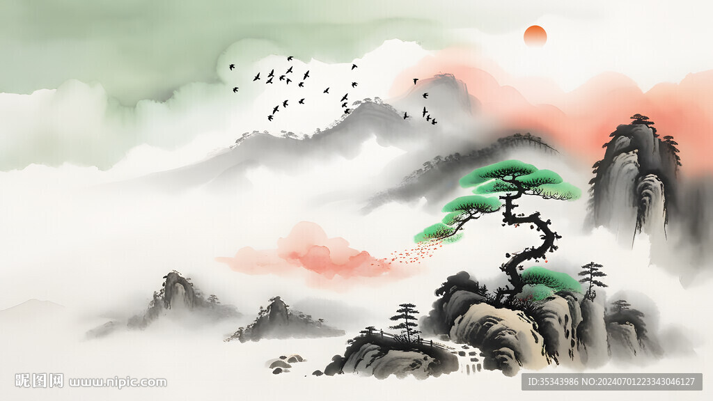 山水风景水墨画背景墙