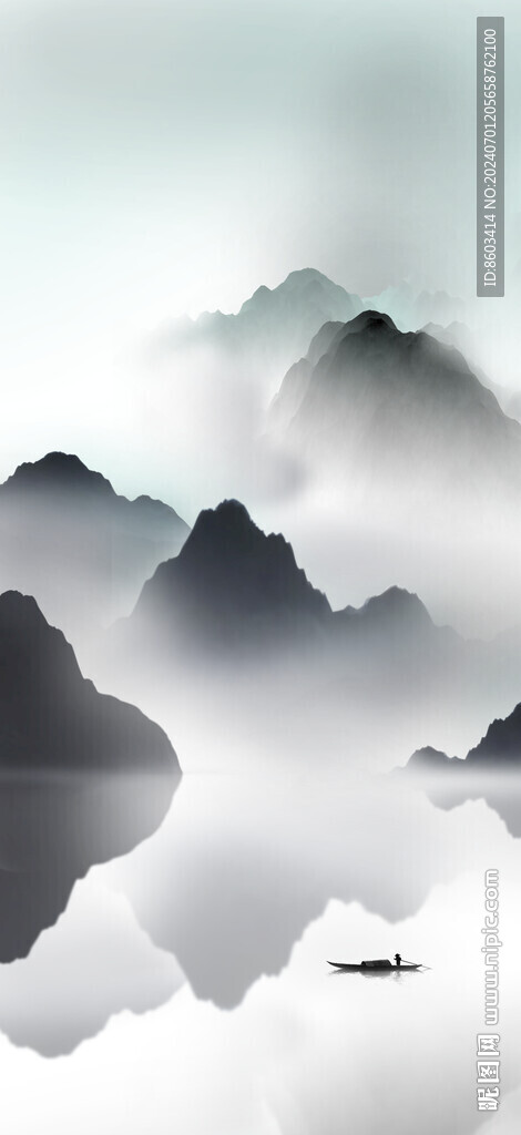 高清分层水墨山水屏风打印图