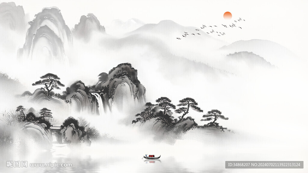 新中式极简意境水墨山水背景