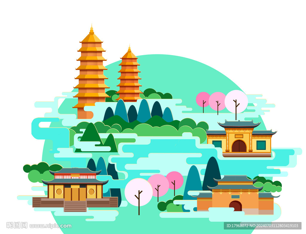 山西风景扁平插画