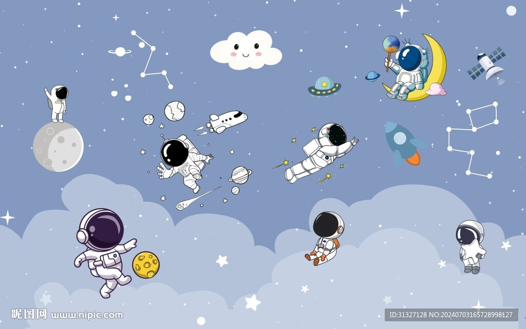 卡通宇航员太空儿童房背景墙