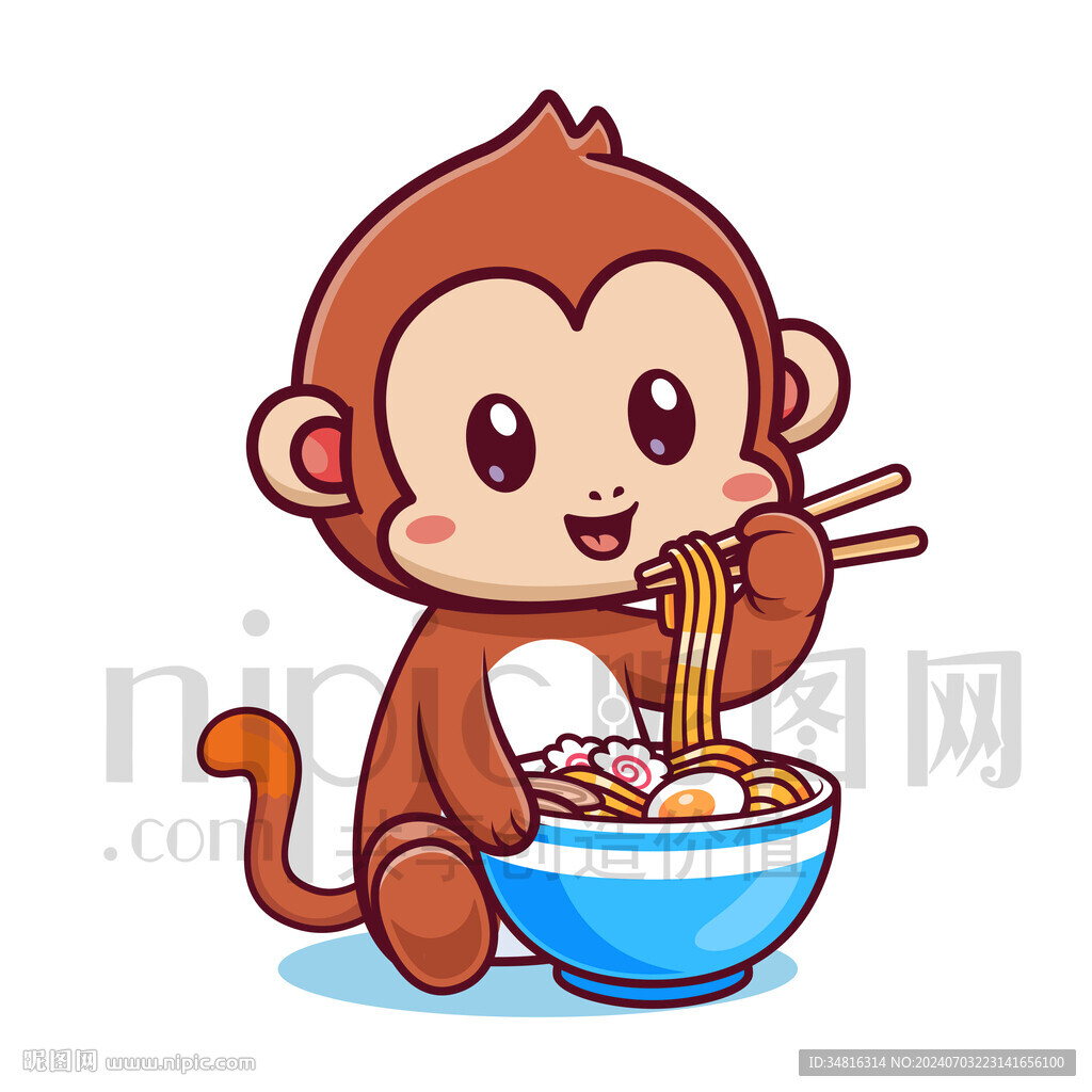 可爱卡通抱吃面的小猴子