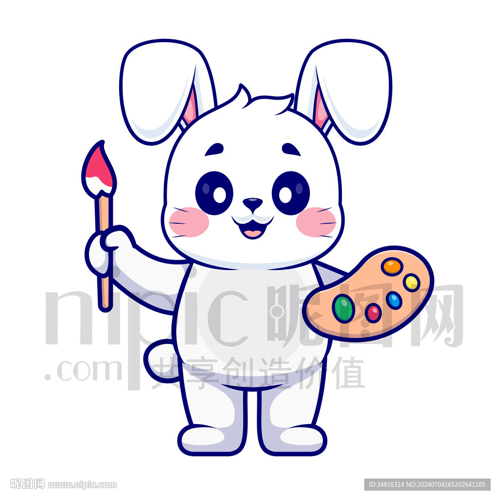 可爱卡通画家绘画的小白兔