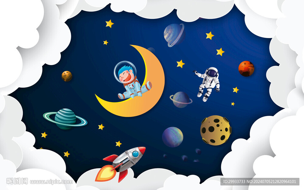卡通宇航员太空儿童房背景墙