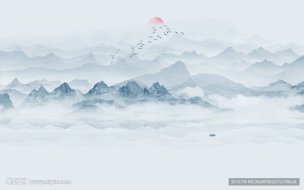 大气蓝色水墨山水画背景墙