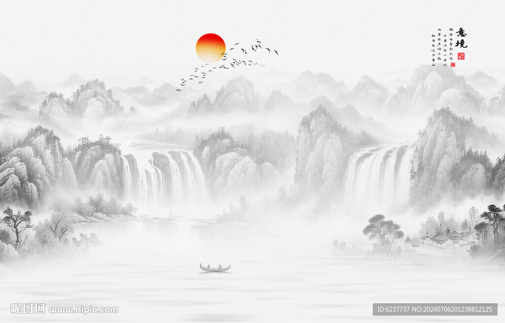 意境山水水墨画背景墙