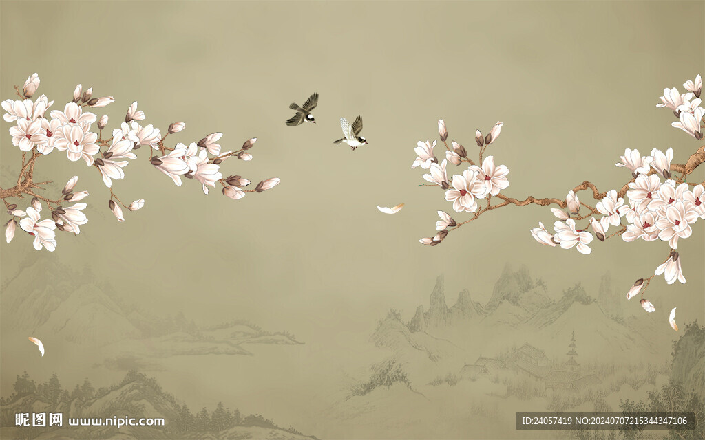 新中式玉兰工笔花鸟背景墙装饰画