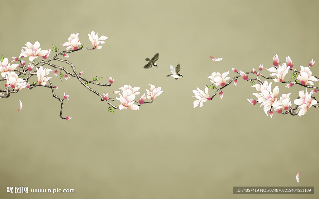 新中式玉兰工笔花鸟背景墙装饰画