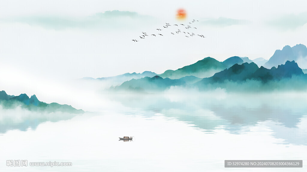 蓝色意境山水画