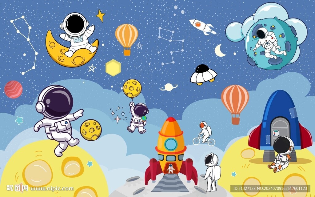手绘太空人宇宙儿童房背景墙