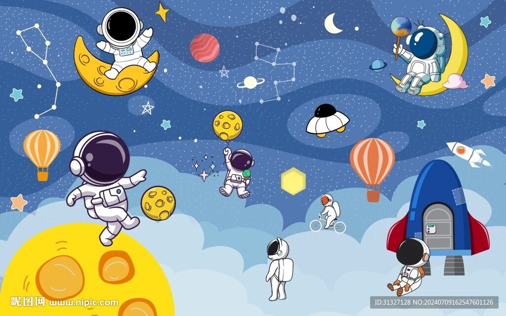 卡通太空人星空儿童房图片