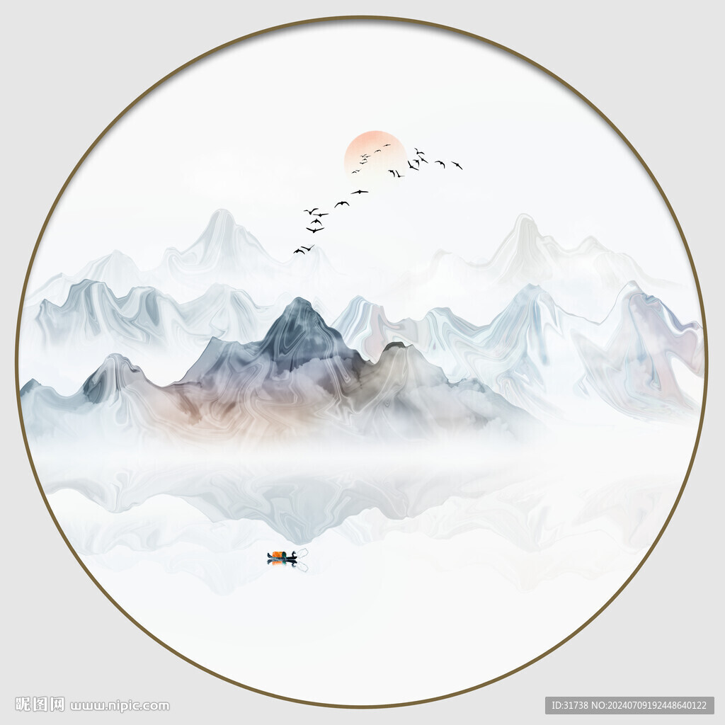 圆形山水水墨画