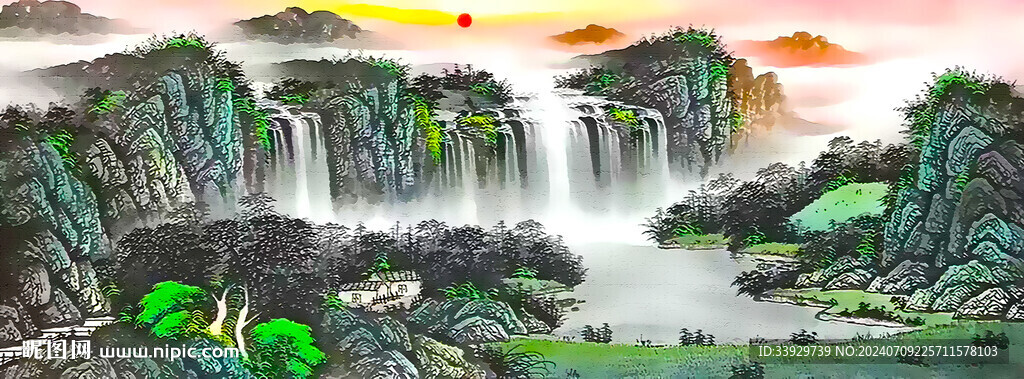 国画瀑布山水画