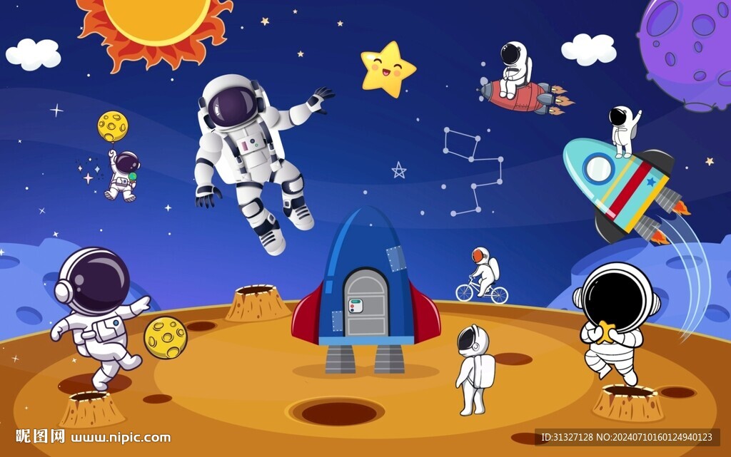 卡通宇航员太空儿童房背景墙图片
