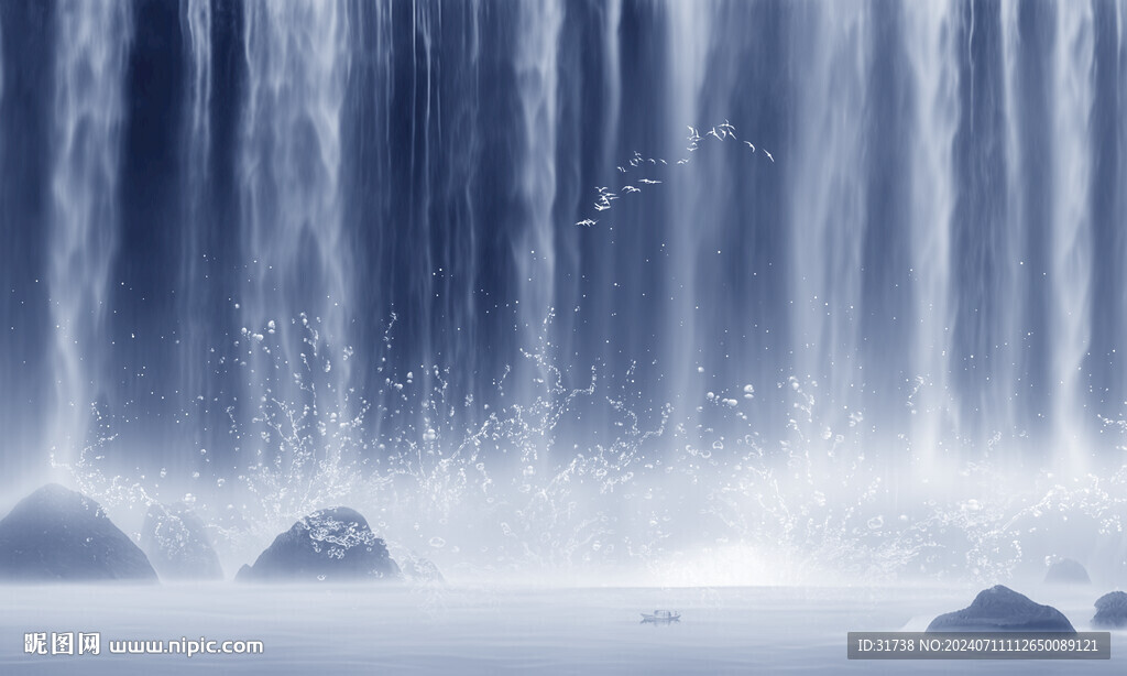 流水生财瀑布山水画