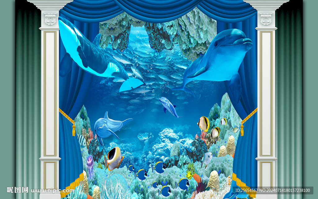 立体海底世界3D海豚电视背景墙