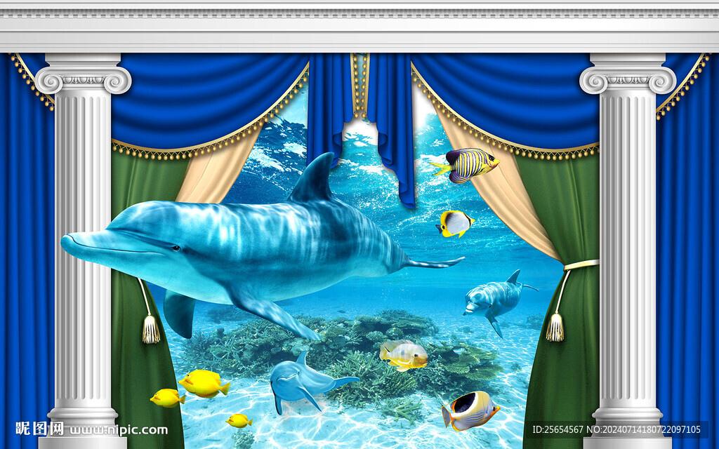 3D立体海底世界海豚电视背景墙
