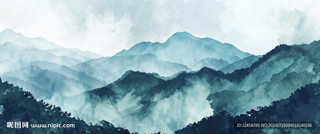 绿色水墨山水画