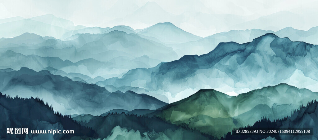 绿色水墨山水画