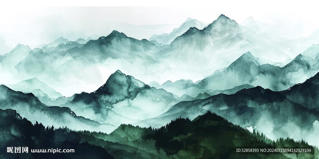 绿色水墨山水画