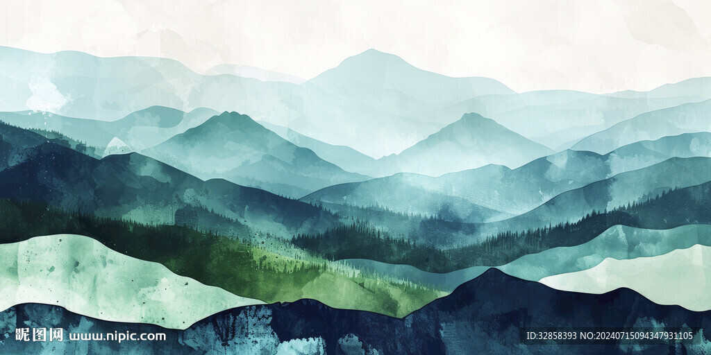 绿色水墨山水画