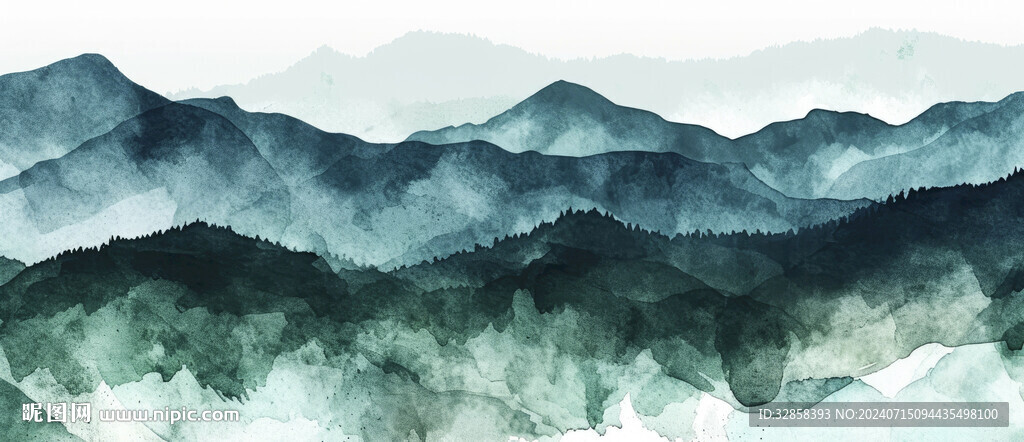 绿色水墨山水画