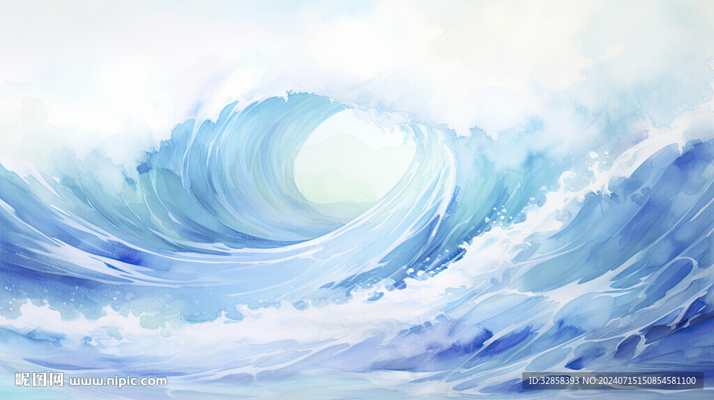 蓝色海浪水彩水墨背景