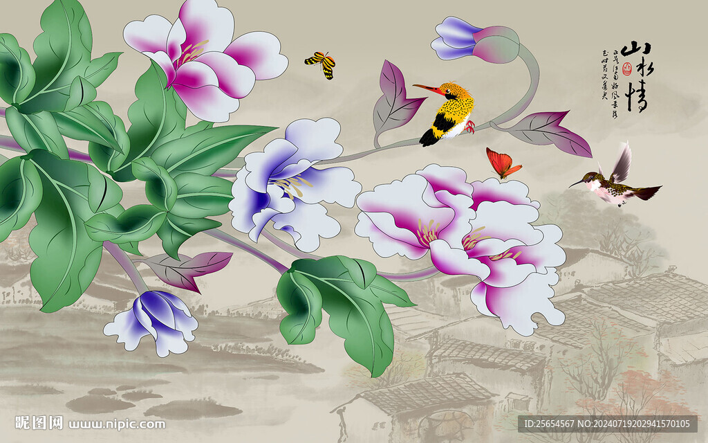 中式花鸟雅舍兰香背景墙