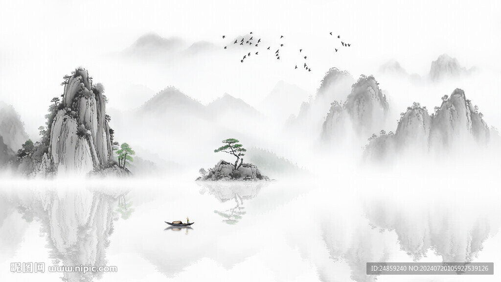 中式意境水墨山水画