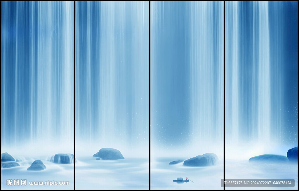 招财瀑布山水画