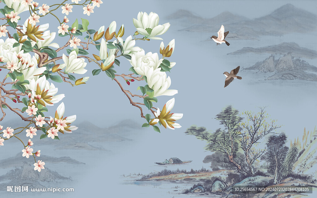 新中式手绘玉兰花鸟背景墙