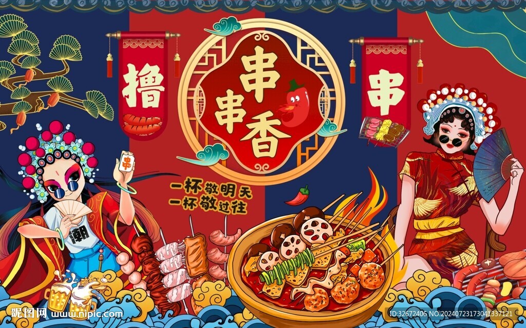 国潮撸串串串香背景墙图片