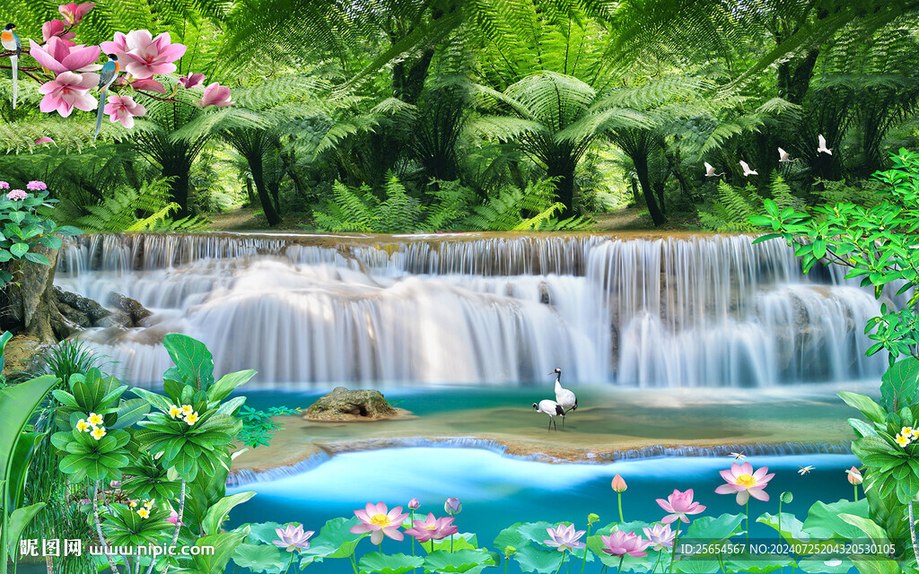 滚滚流水生财山水风景画背景墙