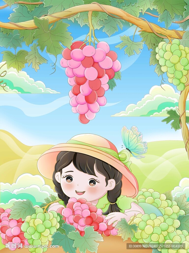 处暑节气女孩在葡萄园插画