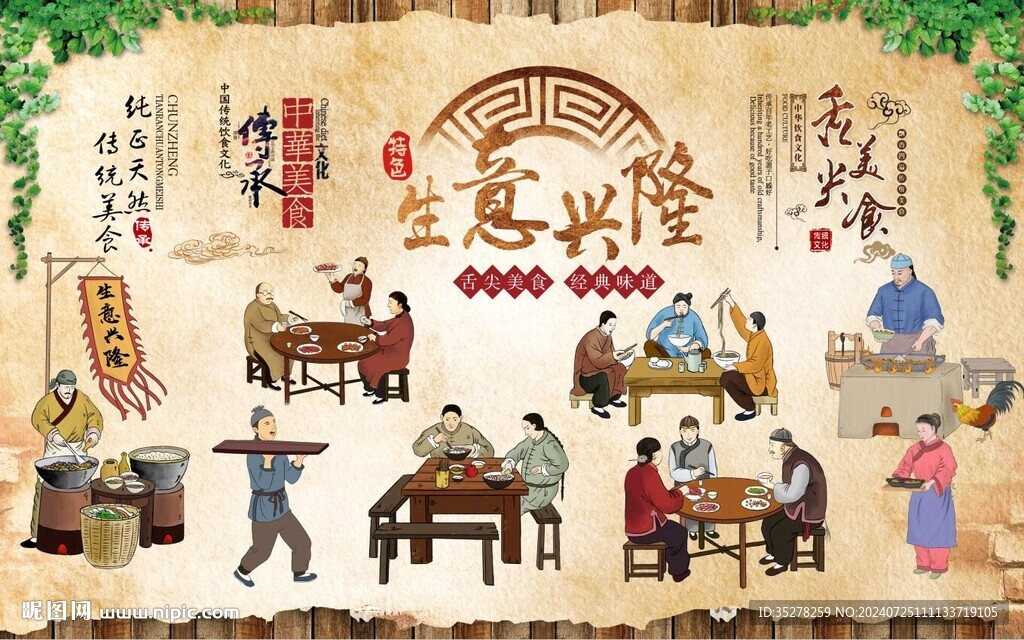 复古餐饮生意兴隆背景墙