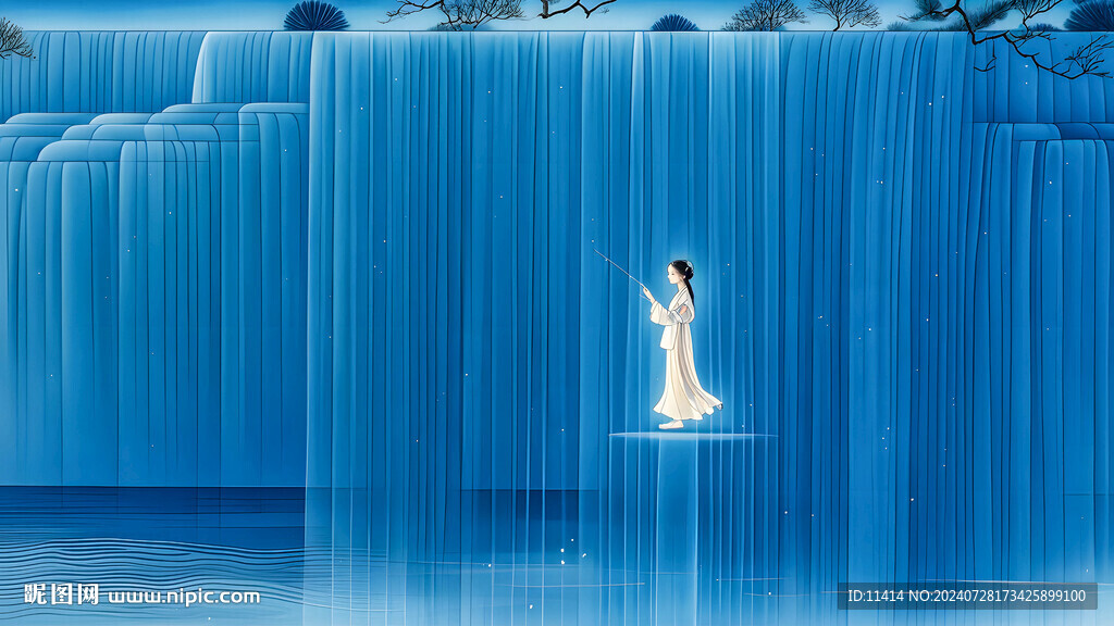 插画瀑布山水工笔画中国画美女
