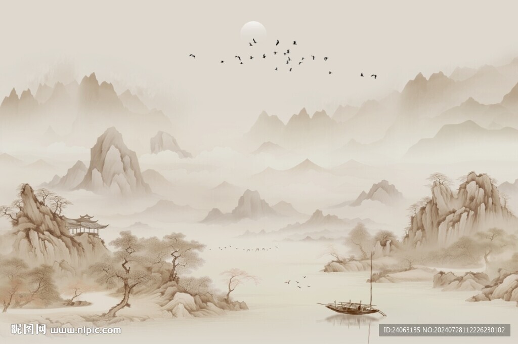 中式国画山水屏风