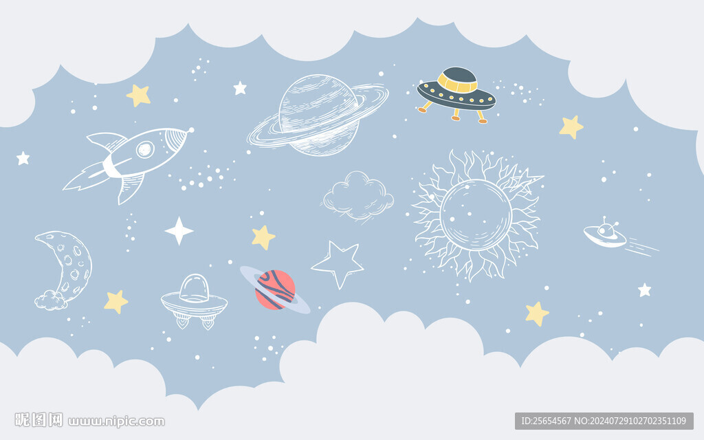 简约卡通太空星球儿童墙纸背景墙
