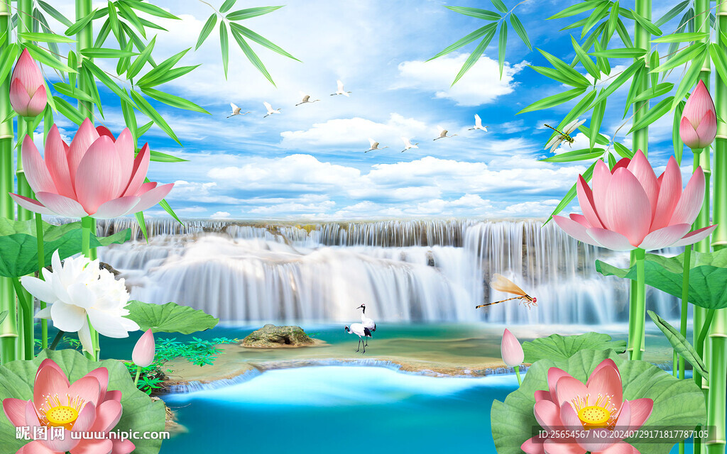 竹林流水生财3d风景背景墙