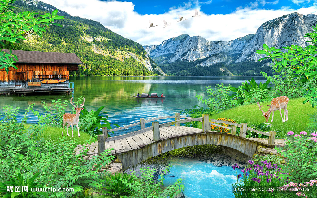 流水生财风景山水背景墙