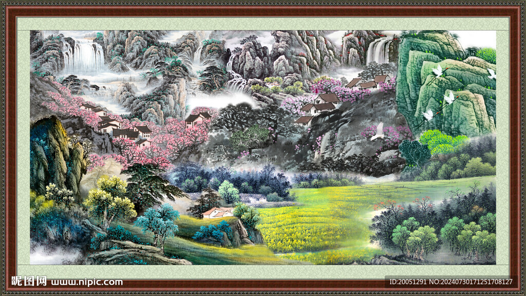 瀑布山水画 