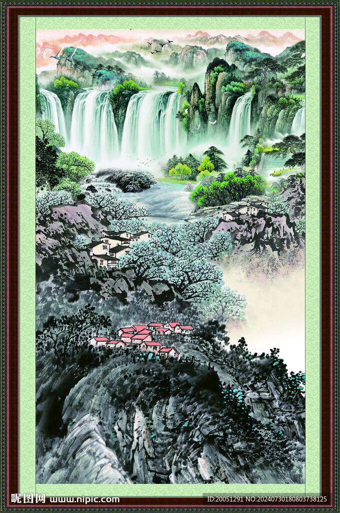 瀑布山水画 