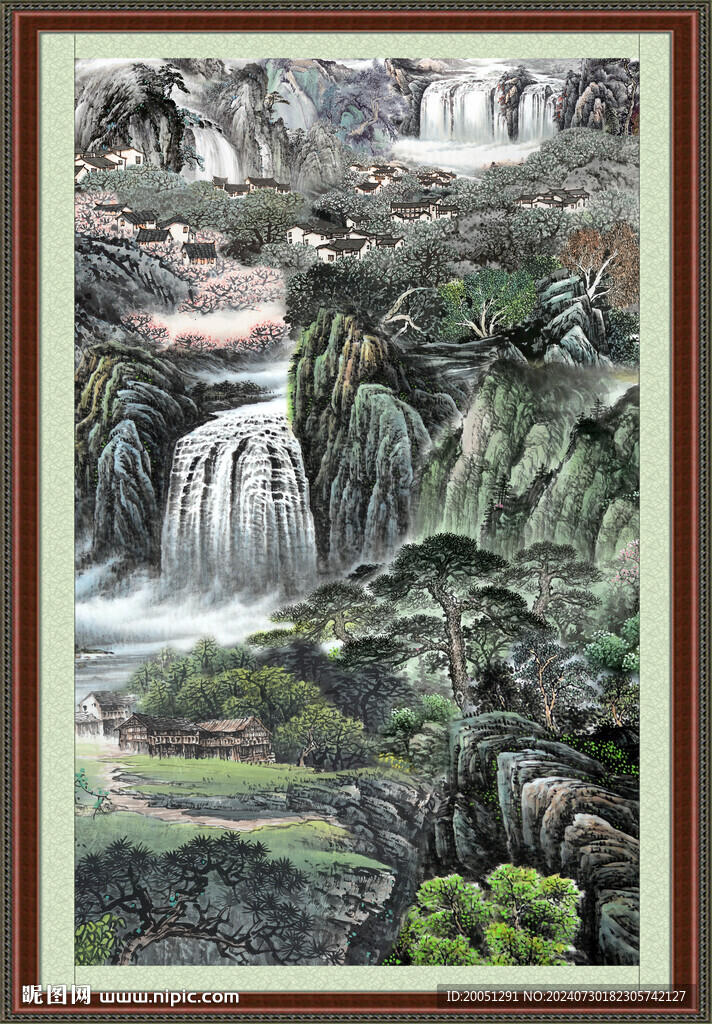 瀑布山水画 
